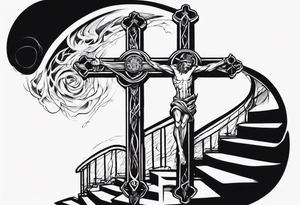 Inner bicep, stretched horizontally, stairs leading to a cross tattoo idea