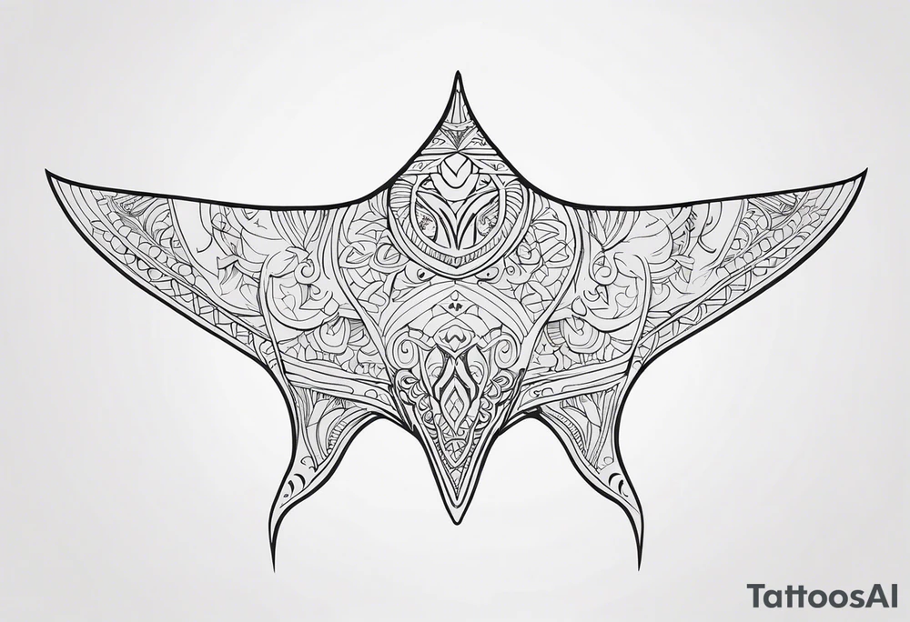 Tattoo sketch of manta ray in outline, without shadows and background, made of sacred ornament, minimalistic Polynesian tattoo design, without thick lines and dark spots, while maintaining the shape of Manta Ray tattoo idea
