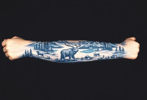 A full-sleeve with the Härjedalen landscape, reindeer, bear, lakes, mountains (Helags), tattoo idea