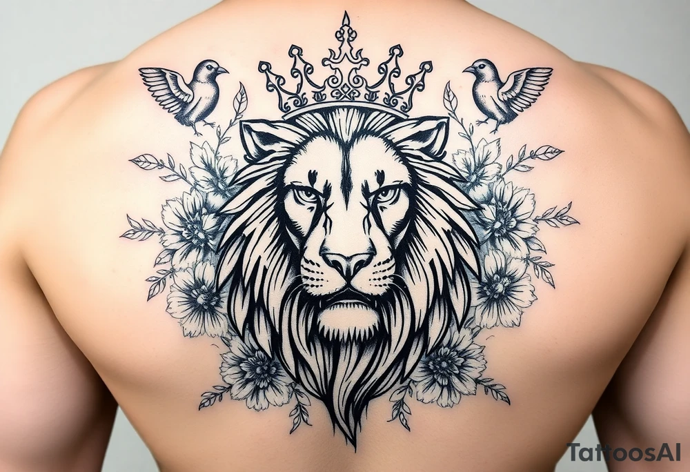 powerful majestic lion with a crown, surrounded by floral ornaments and birds tattoo idea