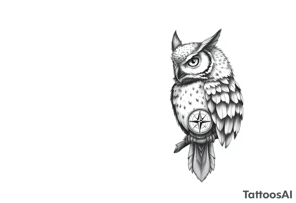 an owl,a compass,landscape. tattoo idea