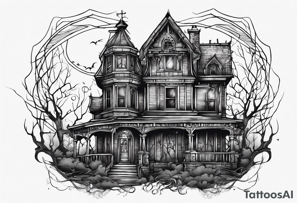 Scary rotting haunted house tattoo idea