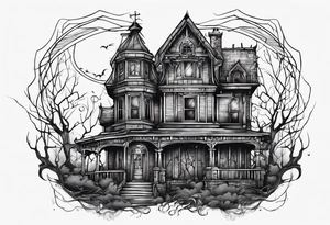 Scary rotting haunted house tattoo idea