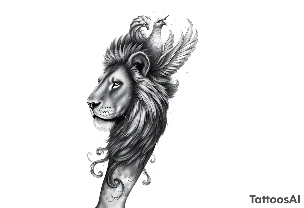 A full sleeve tattoo in black and grey realism, with a majestic lion’s face as the main focal point on the outer forearm. A subtle, ethereal phoenix rising through smoke and ash blends upward toward the upper arm. The background fades into a dreamy night sky with faint stars and the Leo constellation subtly woven in. Incorporate fine-line details and smooth shading to keep it soft and not overly bold. Avoid harsh outlines. Include natural elements like wisps of clouds or faint leaves to tie the design together organically. tattoo idea
