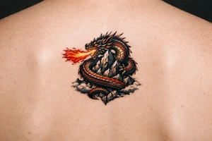 A fierce dragon coiled around a mountain peak, scales detailed, fire breath erupting. tattoo idea