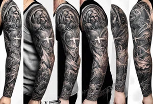 Catholic tattoo sleeve for a man. tattoo idea with Jesus on upper arm looking down tattoo idea