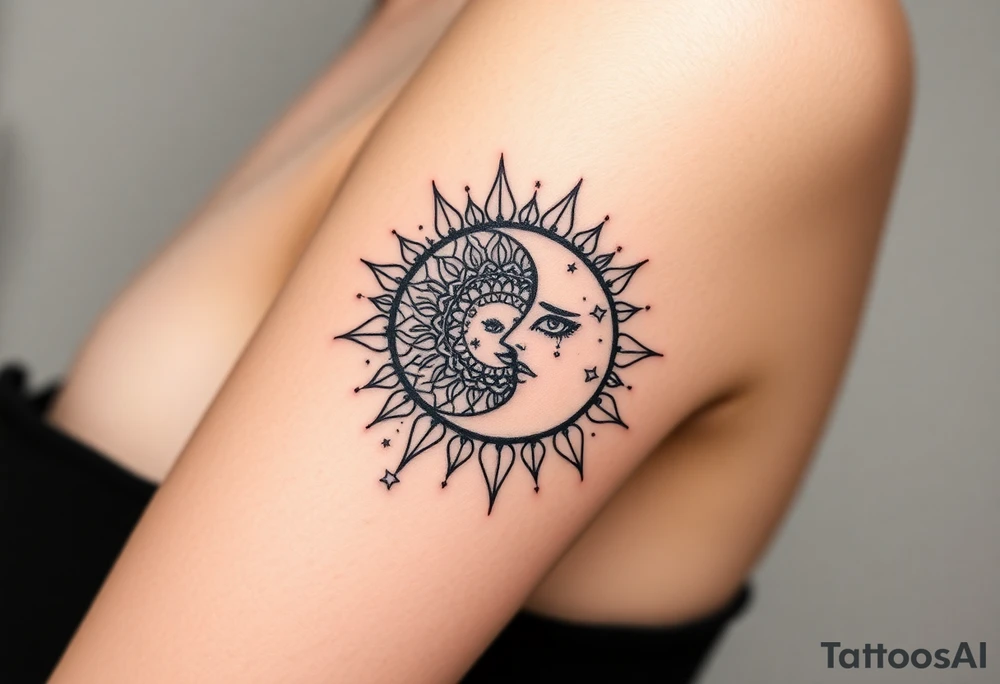 celestial sun and moon embrace with constellation patterns tattoo idea