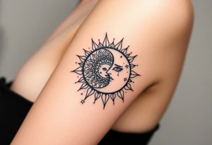 celestial sun and moon embrace with constellation patterns tattoo idea