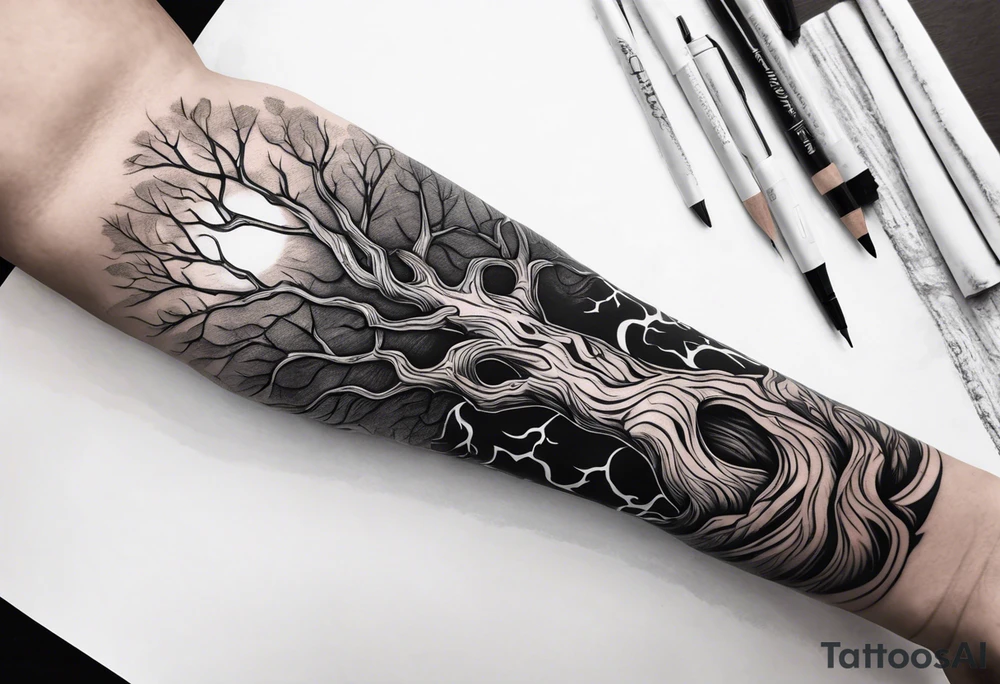 Dead tree arm sleeve tattoo idea