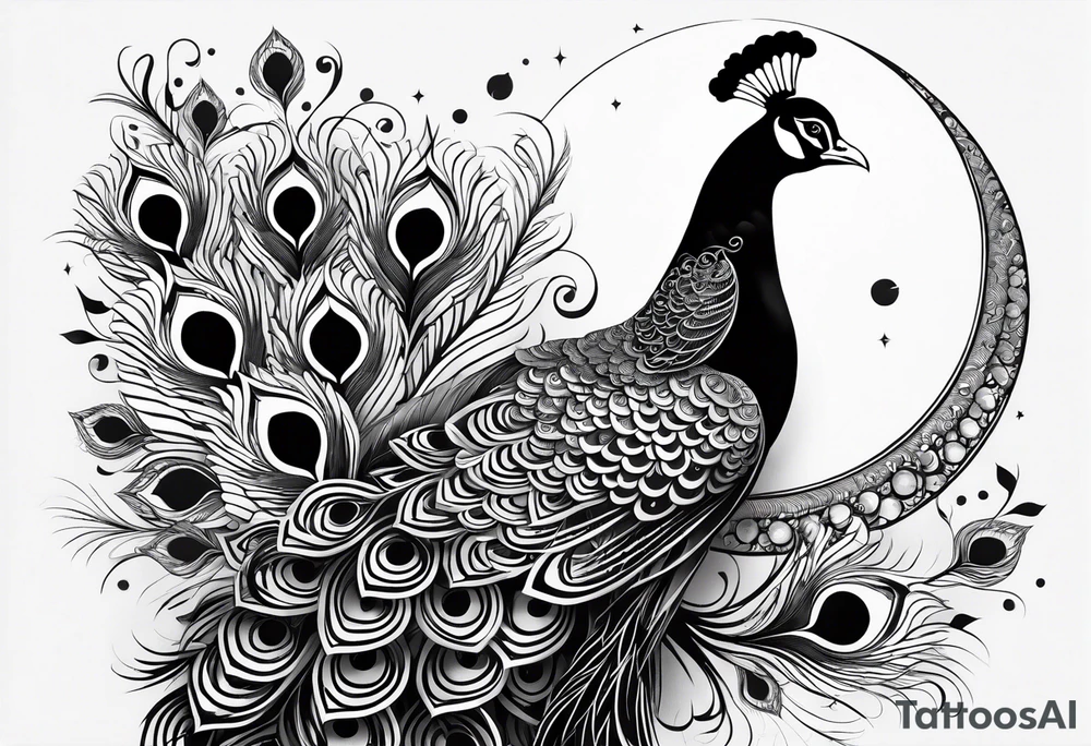 black and white peacock with infinity in feather and moon above tattoo idea