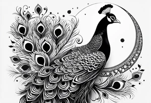 black and white peacock with infinity in feather and moon above tattoo idea