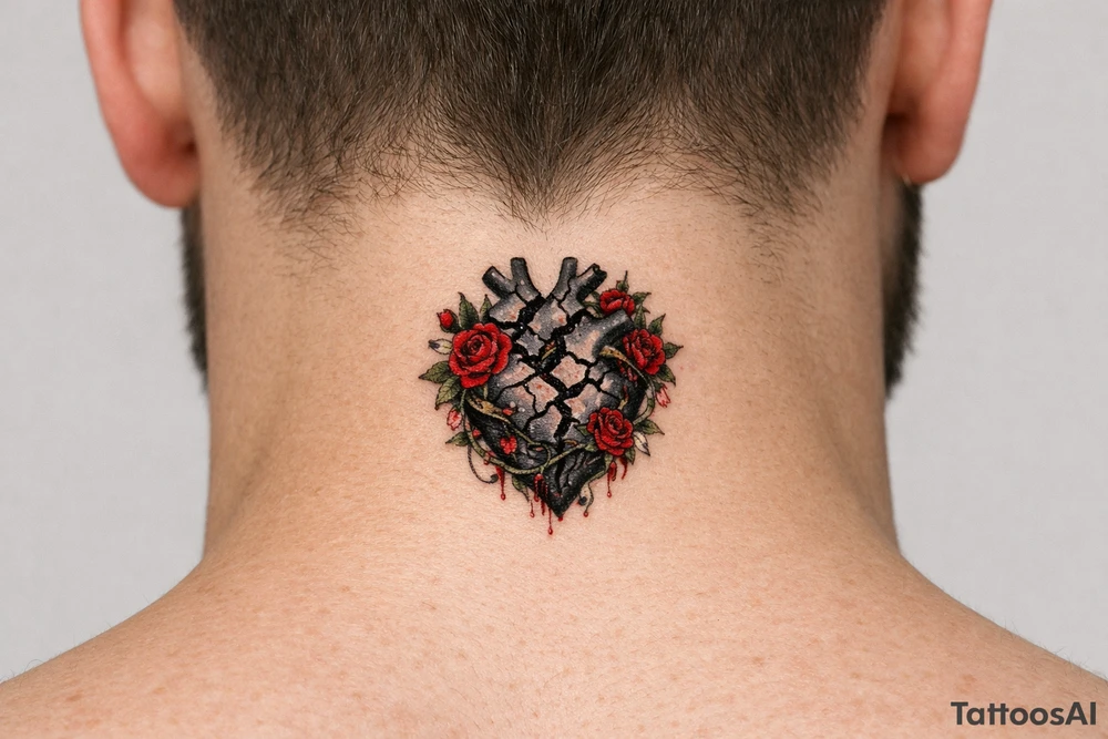 Anatomical heart broken beyond repair entwined by blooming vines, full chest piece. tattoo idea