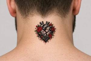 Anatomical heart broken beyond repair entwined by blooming vines, full chest piece. tattoo idea