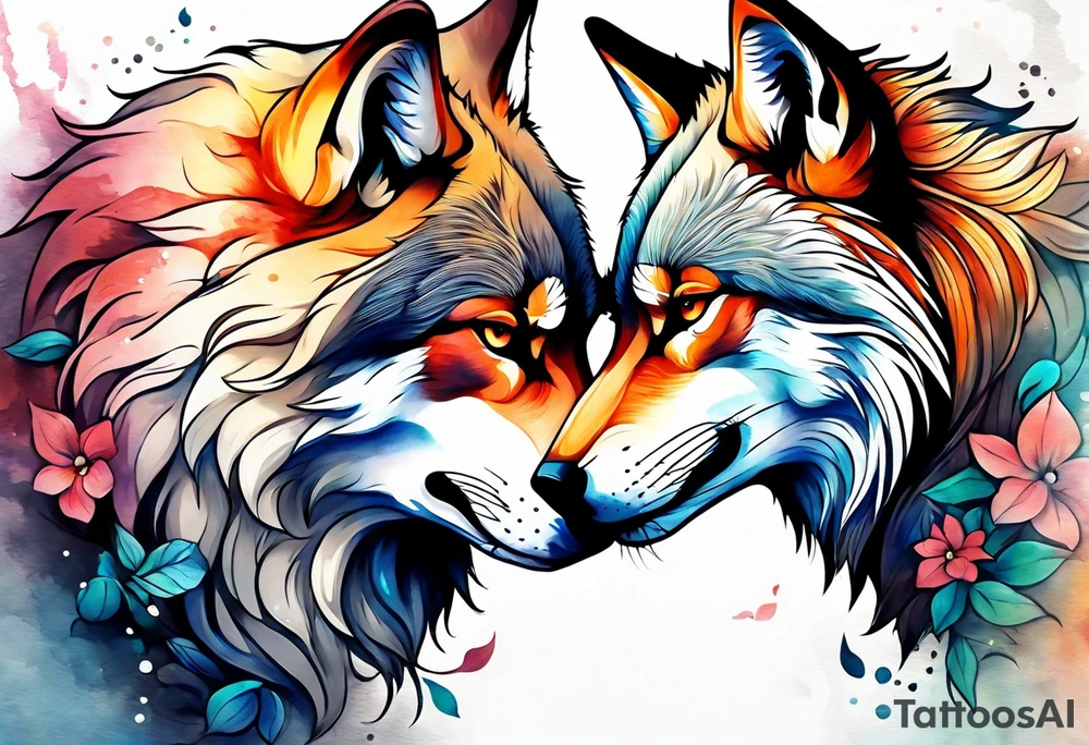 Wolf and fox nuzzling tattoo idea