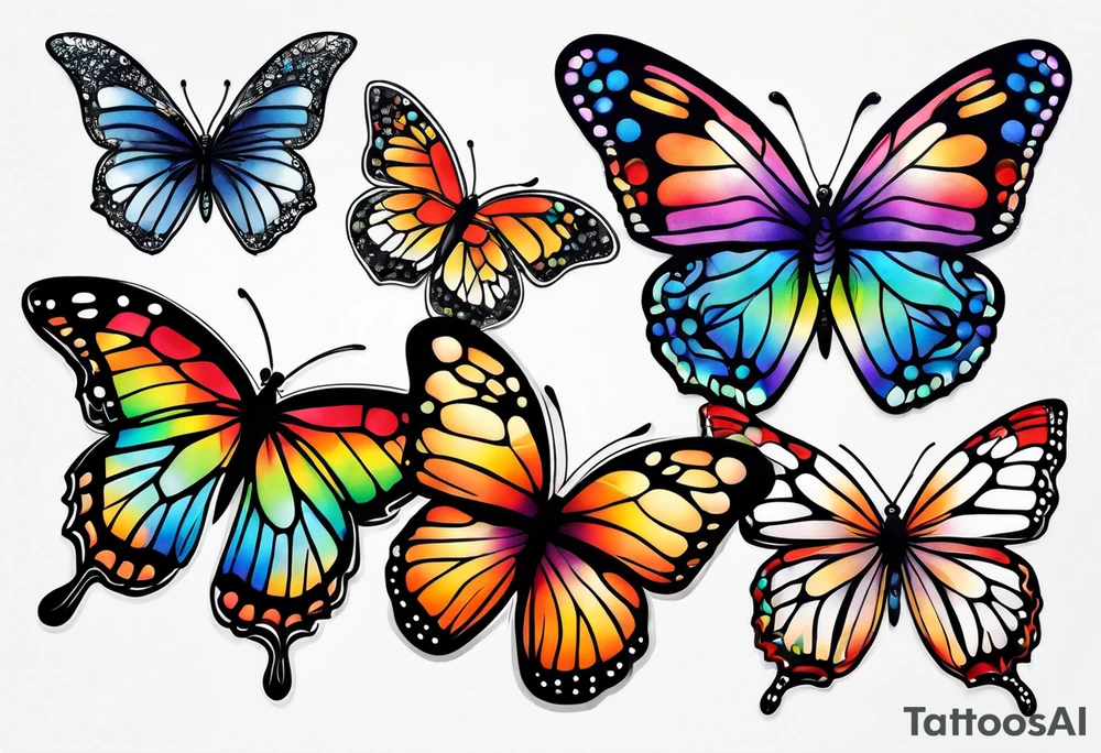 Arm sleeve with rainbow flowers and butterflies tattoo idea
