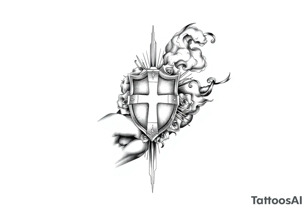 Half sleeve. powerful, cloud, shield, cross, sun rays tattoo idea Half sleeve. powerful, cloud, shield, cross, sun rays tattoo idea