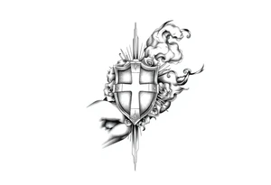 Half sleeve. powerful, cloud, shield, cross, sun rays tattoo idea