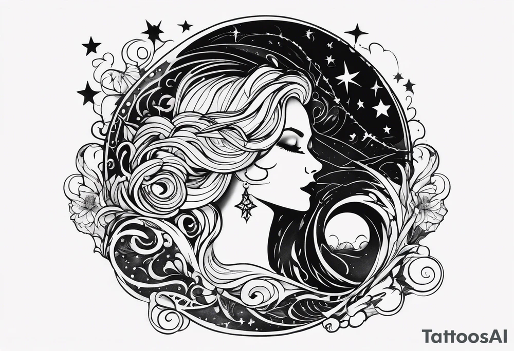 Shoulder piece. Black in the middle with swirly lines around. Witchy, gothic, Starry Night esque but more black and more creepy, romantic goth vibes tattoo idea