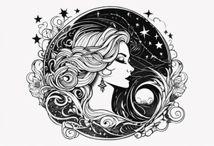 Shoulder piece. Black in the middle with swirly lines around. Witchy, gothic, Starry Night esque but more black and more creepy, romantic goth vibes tattoo idea