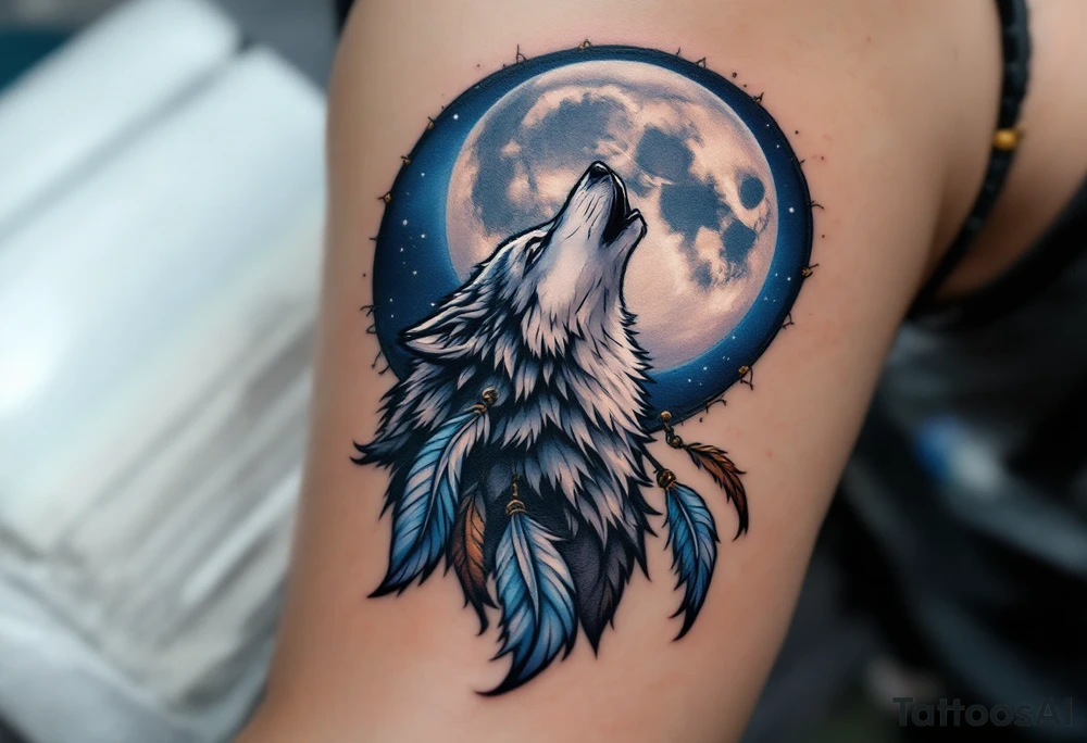 A powerful wolf howling at a full moon, surrounded by a detailed dreamcatcher. The feathers of the dreamcatcher are flowing with the wind, symbolizing freedom and spiritual connection. Deep blues and purples for the night sky, silver for the moon, rich greys and blacks for the wolf, and soft browns for the dreamcatcher feathers. tattoo idea