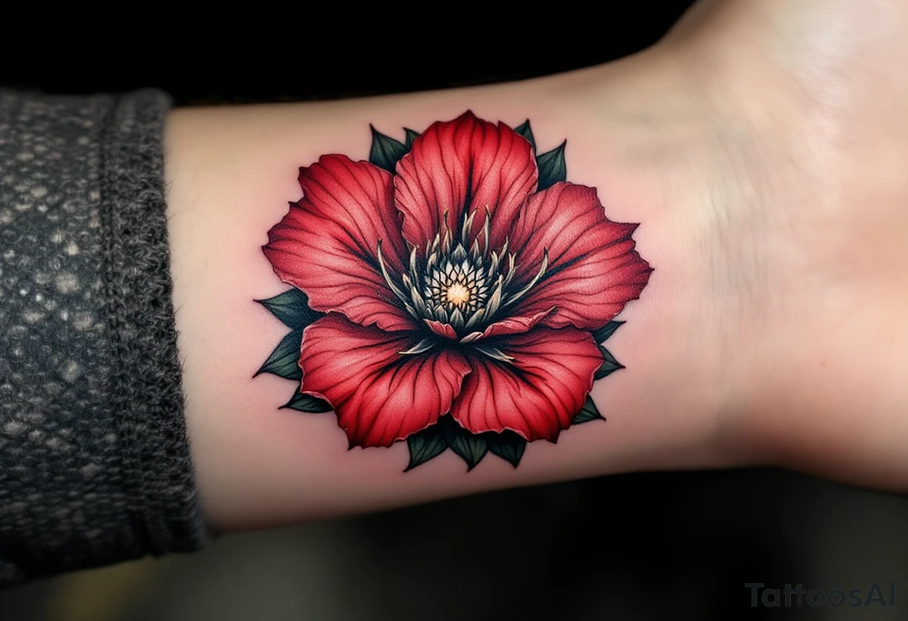 red  and black rhododendron trippy with mandala behind tattoo idea