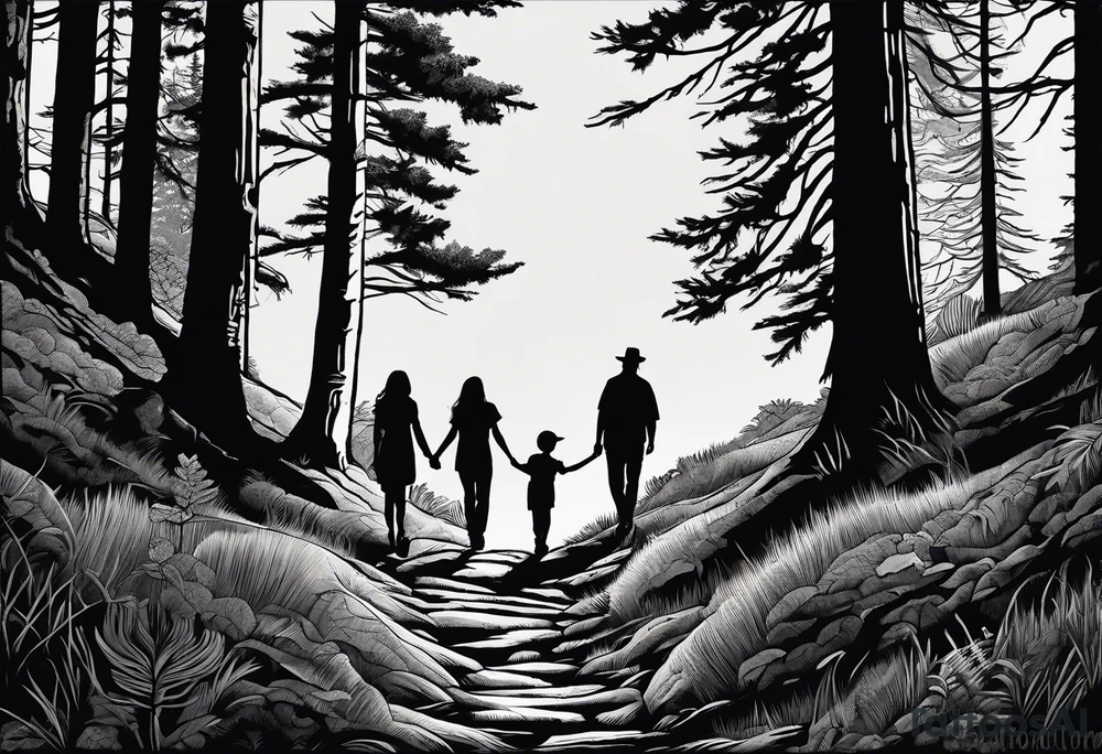 A shadow of a Man and Woman and young son and young daughter  walking through the Pacific Northwest Forrest. Crosses. tattoo idea