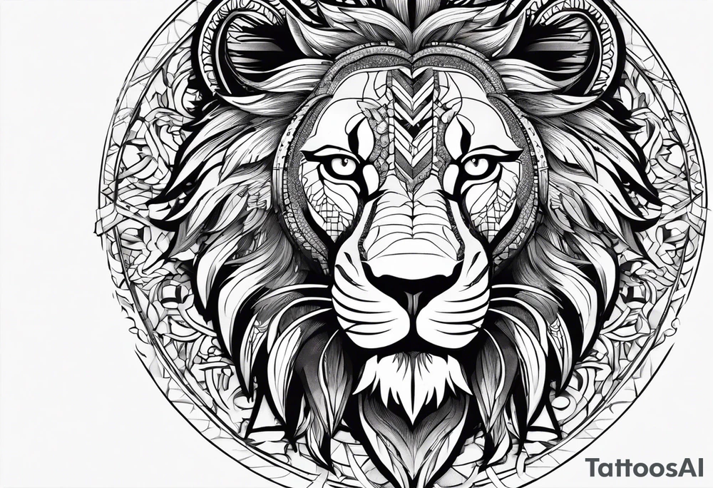 on a SOLID white BACKGROUND in the center, in a circle of weaving patterns, there is a black-and-white tattoo sketch: a lion in a grin stands against the background of a dragon with large wings tattoo idea