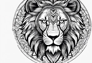 on a SOLID white BACKGROUND in the center, in a circle of weaving patterns, there is a black-and-white tattoo sketch: a lion in a grin stands against the background of a dragon with large wings tattoo idea