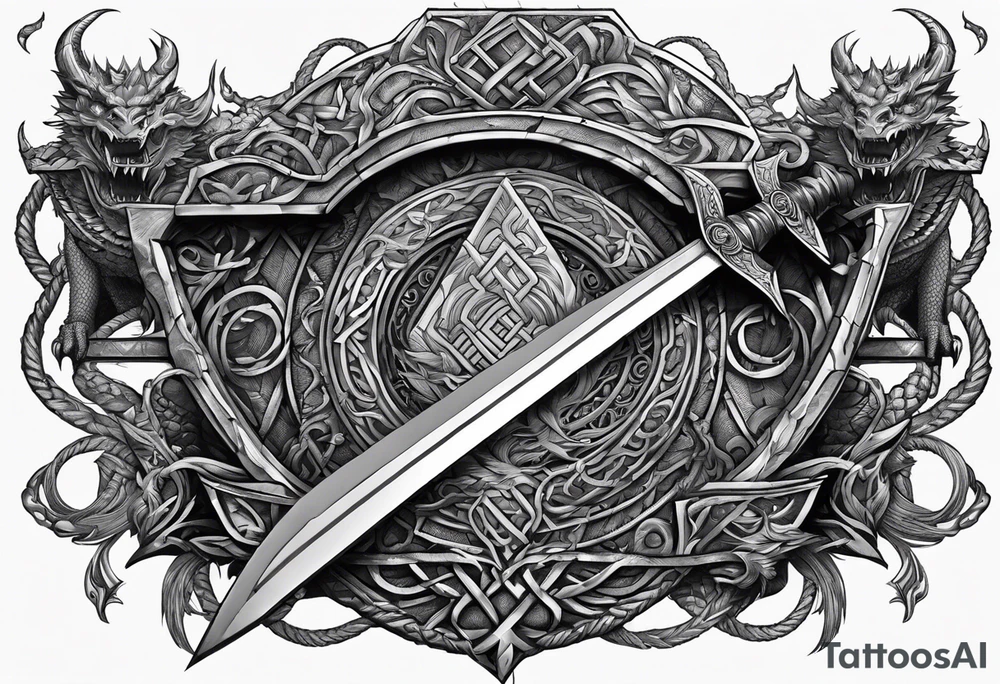 Valhalla sword shield dragon axe Valknut barbed wire chains tattoo idea
