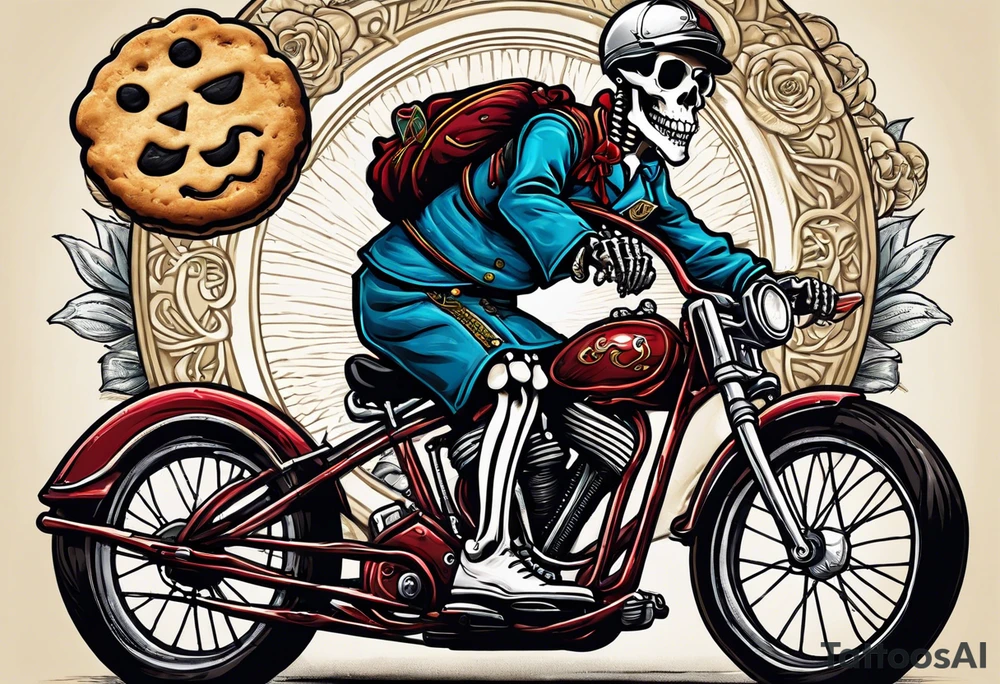 Lifelike skeleton wearing bicycle uniform while riding a road bike. The skeleton is grinning and holding a cookie in its left hand tattoo idea