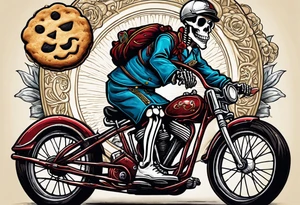 Lifelike skeleton wearing bicycle uniform while riding a road bike. The skeleton is grinning and holding a cookie in its left hand tattoo idea