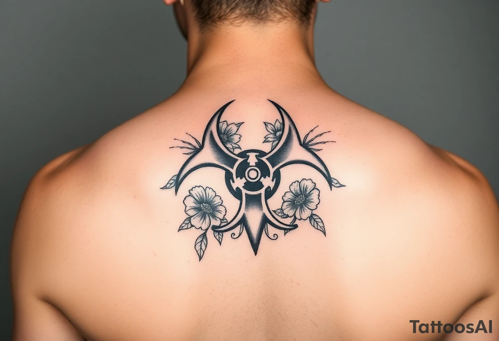 floral biohazard symbol in old school style black ink tattoo idea