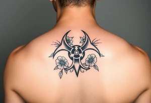 floral biohazard symbol in old school style black ink tattoo idea