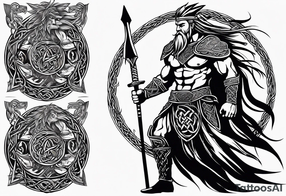 Full body side profile of Celtic warrior with weapons drawn tattoo idea