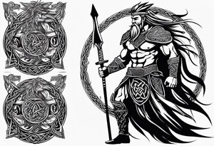 Full body side profile of Celtic warrior with weapons drawn tattoo idea