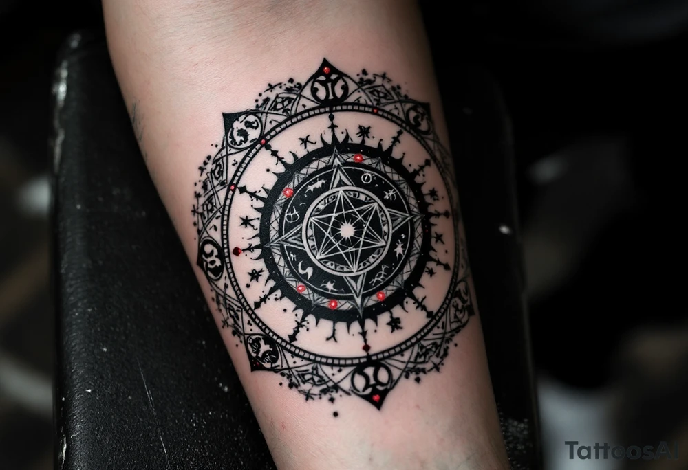 A charcoal black alchemical circle containing zodiac signs and red dots of energy at each point. tattoo idea