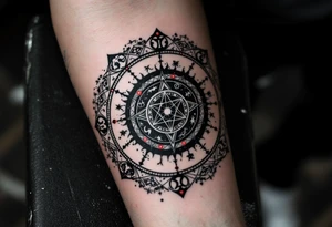 A charcoal black alchemical circle containing zodiac signs and red dots of energy at each point. tattoo idea