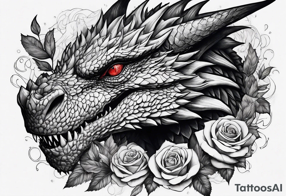 Drogon's face amongst roses and thorns tattoo idea