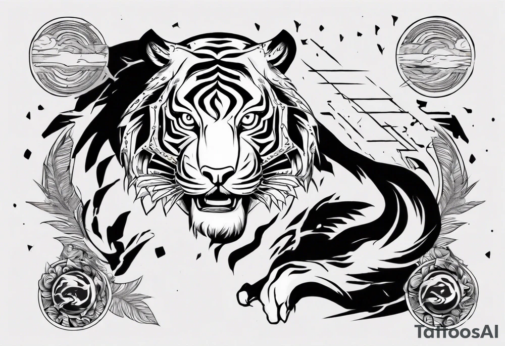 Ancient tiger with lightning and a sun for a forearm sleeve. With patterns surrounding it tattoo idea Ancient tiger with lightning and a sun for a forearm sleeve. With patterns surrounding it tattoo idea