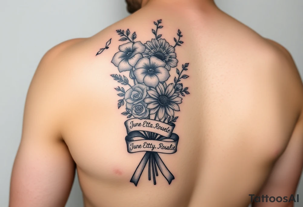 Half arm sleeve tattoo of 3 hollyhock flowers, one wild rose, 5 wild flowers in a bouquet with ribbon bow towards the bottom like the just got picked. On the ribbon include three names: June Etta, Roxy, Rosalie. Next the bouquet put a full realistic doctors stethoscope tattoo idea