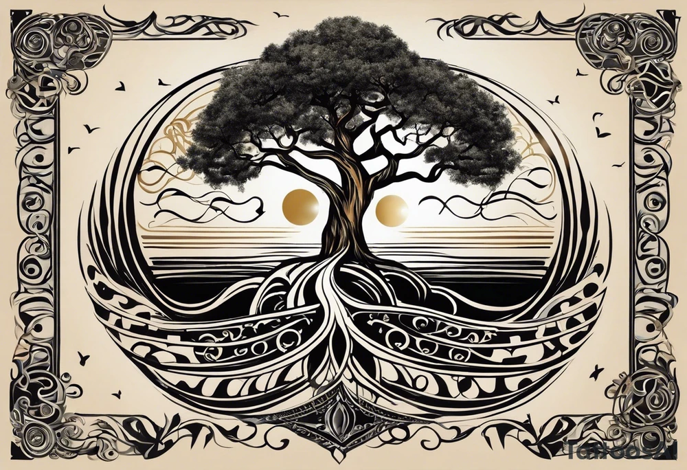 A tattoo design that incorporates the following elements: an abstract tree of life that has roots emerging  from the ground. Waves of water wrap around the tree in a non symmetrical design.  Incorporate musical notes into the tree. the letters U and A are overlapping and engraved into the tree. A golf flag incorporated but not prominent tattoo idea