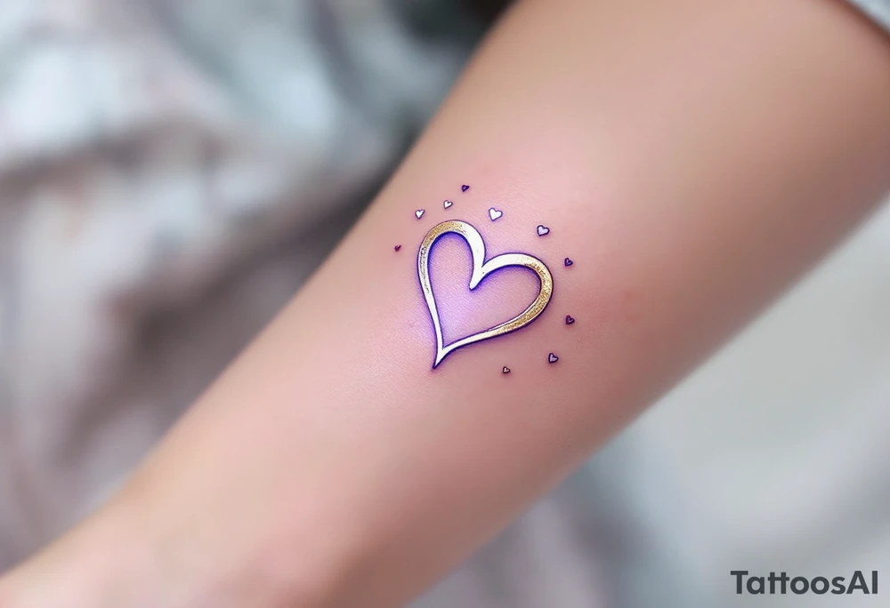 A symbol of rune of love carved with clean, sharp edges. The design in golden, and the background features a lavender glow. Tiny hearts float around the symbol, representing infinite devotion. tattoo idea