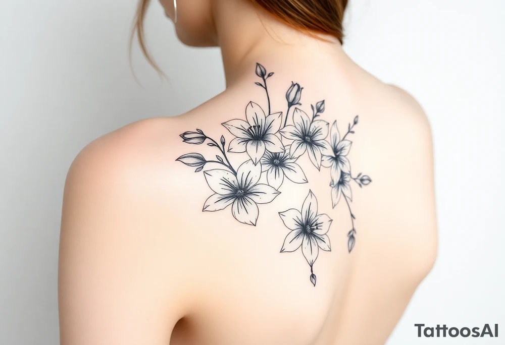 botanical tattoo with flowers such as tulips and lilies and cherry blossoms on the upper arm tattoo idea
