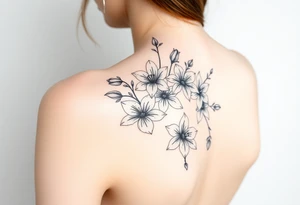 botanical tattoo with flowers such as tulips and lilies and cherry blossoms on the upper arm tattoo idea