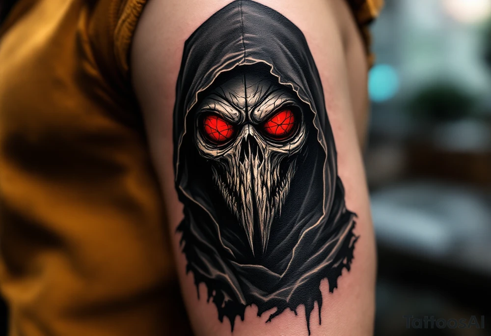 Demonic Plague Doctor – A black-robed doctor with glowing red eyes behind cracked glass lenses, and a mask that appears fused to decayed flesh. The beak is jagged and sharp, resembling a monstrous creature. tattoo idea