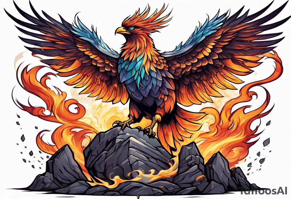 phoenix flying out of a stone alter tattoo idea
