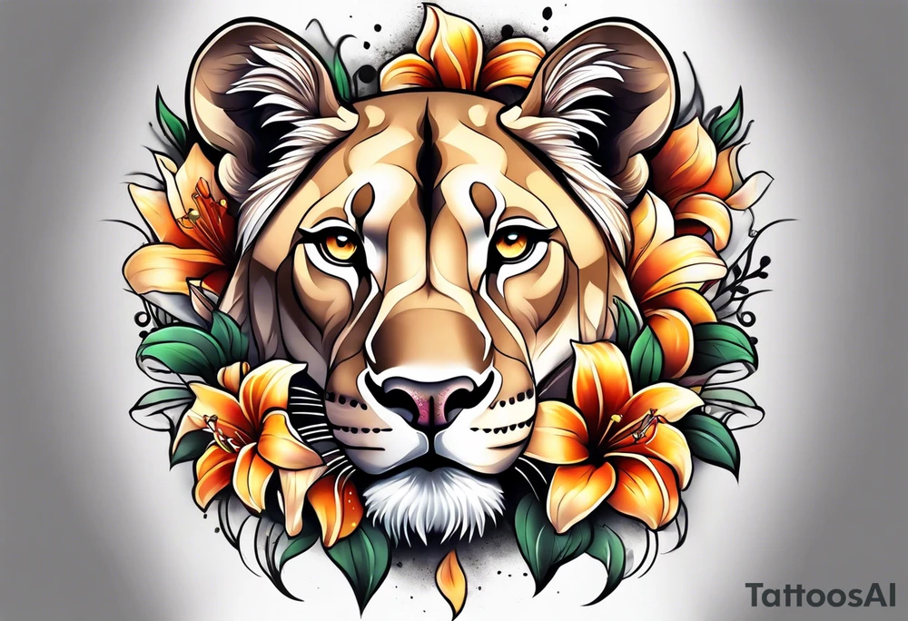 Lioness with lilies and color all over tattoo idea
