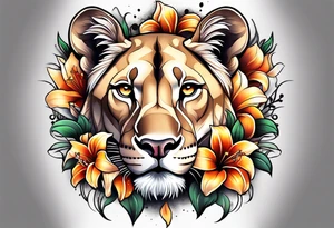 Lioness with lilies and color all over tattoo idea