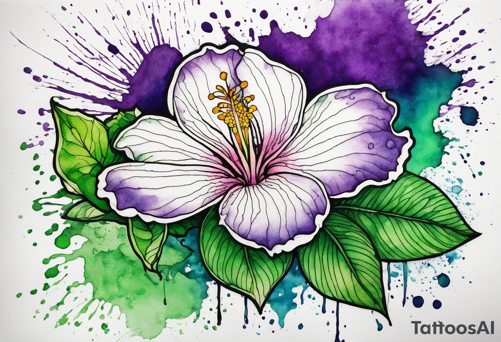 An outline of a green rio dipladenia flower and a green/purple watercolor splatter in the background tattoo idea