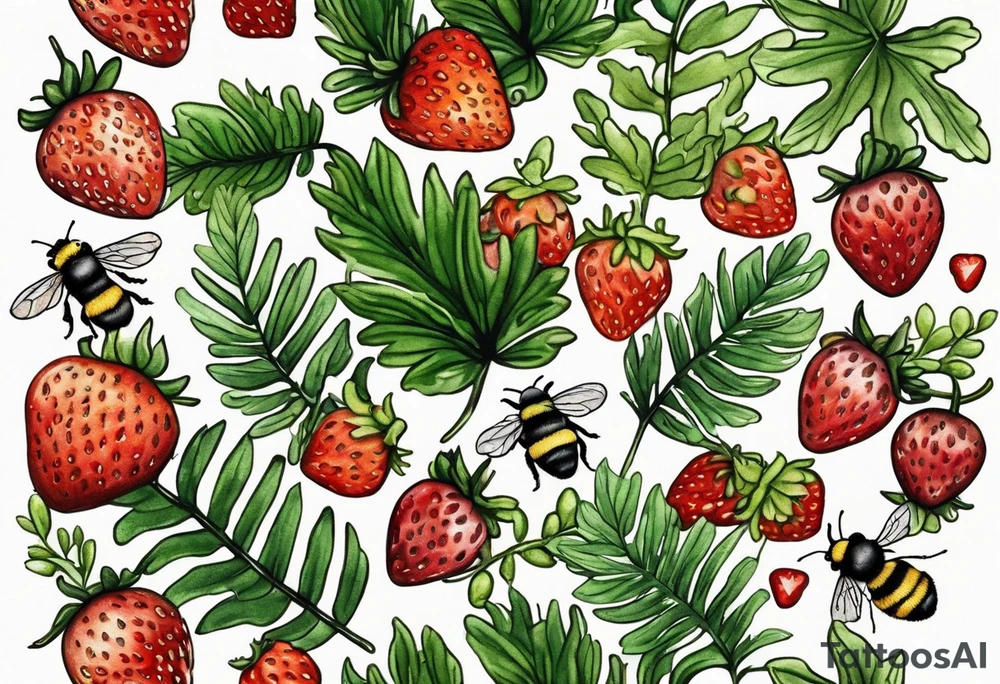 a delicate, minimalistic coloured realistic forest floor inspired tattoo, which must include: grass, ferns as the bulk of the image, small strawberries, a small flying bumblebee over the main image
dead leaves tattoo idea